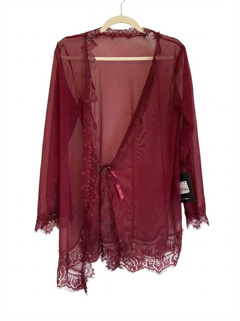 Fem Fatalle New Lover Burgundy Sheer Mesh & Lace Long Sleeve Robe Duster NWT